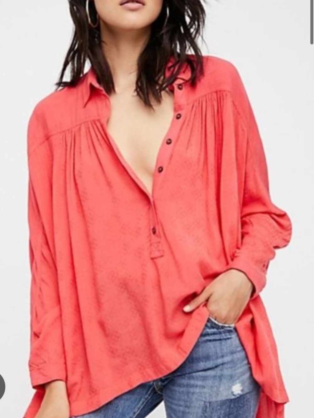 NEW Free People XS lovely day coral oversized boho chic 1/2 button down top